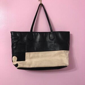 Tory Burch Black and Cream Canvas Market Tote Bag